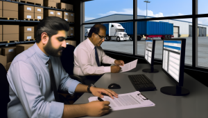 Revisione documentale in un ufficio spedizioni con gestionale trasporti e camion sullo sfondo