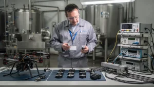 Ingegnere che confronta sensori MEMS e trasduttori su banco tecnico con drone, strumentazione ferroviaria e impianto alimentare sullo sfondo